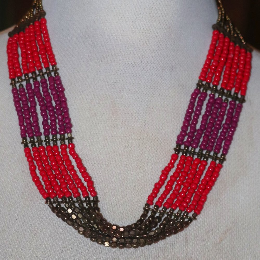 BEADED NECKLACE PINK/PURPLE/BRONZE